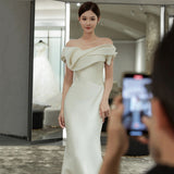 One-Word Shoulder French Light Wedding Dress 2026 New Bride Simple Fastern Go Out Yarn Super Fairy Temperament Fishtail Dress Skirt HZ0517