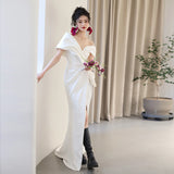 One-Word Shoulder-Sense Lint-Light Wedding Dress French High-Sensing White Temperament Fishtail Skirt Linen Welcome To Shoot Out Light Yarn HZ0517