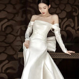 One-Word Shoulder Long-Sleeved Light Wedding Dress Yarn Main Yarn High-End Light Luxury Go Out Yarn French Big Tail Bride Wedding Dress HZ0517