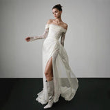 French Long-Sleeved Bridal Lace Light Wedding Dress 2026 New One-Word Shoulder Retro Linen Fishtail Dress HZ0517