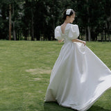 French Hepburn Wedding Dress Bride Simple Retro White Fasley Sleeve Thin Dress Woman HZ0517