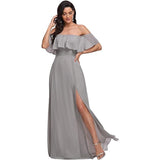 New One-Character Collar Solid-Colored Dress Sleeveless Long-Sleeved-Sided Chiffon Evening Dress Open Skirt HZ0517