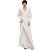 French Light Wedding Long-Sleeved V-Neck Simple Travel Shot White Thin Korean Bride Morning Pat Welcome Yarn Lace Dress HZ0517