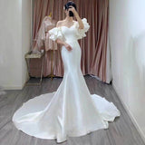 Korean-Style Vertiny Light Wedding Dress New Bridal Simple Body Elegant Waist Fishtail Shoulder Femininity Dress HZ0517