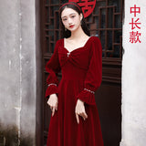 Toasting Bridal 2026 New Wine Red Long-Sleeved Velvet Engagement Back Door Toasting Banquet Dress HZ0517