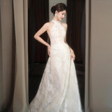 Hanging Neck Light Wedding Bridal Fishtail Lace Go Out White Retro French Welcome Evening Dress Temperament Evening Dress HZ0517