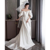 Court Style Shoulder Light Wedding Dress Bride Small Tail French Yarn 2026 New Wedding French Evening Dress HZ0517
