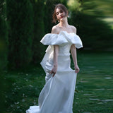 One-Word Shoulder-Singed Sedable Face Light Wedding Bridal Wedding Bridal Shot French Simple Fishtail Welcome Out Yarn Super Fairy Dress HZ0517