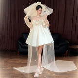 French Sweet Light Wedding Dress Super Fairy Flower Morning Robe Female Bride White Fading Face High Certificate Engagement Dress Dress HZ0517