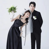 Film Studio Photo Black Sling Ribbon Dress Banquet Host Birthday Party Simple Thin Evening Dress Dress Dress HZ0517