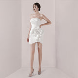 White Densate Tecta Tectic Tectic Tectic Bridal Dress Femininity Irregular Design Three-Dimensional Flower Evening Dress HZ0517