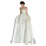 French Linden Light Wedding Dress 2026 New Bride Simple Boobs Go Out White Bowtail Dress HZ0517