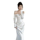French Light Wedding Dress 2026 New Bride Simple Denswear A Word On The Shoulder White Waist Fishtail Evening Dress HZ0517