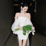Simple Light Wedding Dress Small Bride Shoulder Engagement Dress Bra Morning Dress French Certificate Registration Small White Dress HZ0517