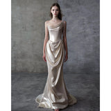 French One-Shoulder Evening Dress Woman 2026 New Senior Sense Bride Engagement Toasting Small Tail Host Dress HZ0517