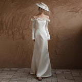 One-Word Shoulder-To-Shoulder Wedding Dress Simple Bride Long Sleeves Out Of The Yarn New Small-Sin-Faced Fishtail Welcome Dress Female HZ0517