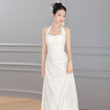 French Light Wedding Dress 2026 New Bridal Temperament Lint Retro Welcome Yarn Hanging Neck White Dress Long Sleeve HZ0517