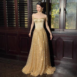Golden Bra Squins High-End Evening Dress Engagement Light Luxury Wedding Yarn Banquet Host Niche Dress HZ0517