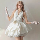 French Hanging Neck Light Wedding Dress 2026 New White Simple Set Of Face Bride Wedding Short Birthday Sexy Dress HZ0517