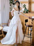 French Word Shoulder Light Wedding Dress 2026 New Bride Simple Vertine Face To Go Out To Welcome Yarn Super Fairy High Open Fork Dress HZ0517