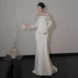 One-Word Shoulder Long-Sleeved Vertiny Face Light Wedding Dress Bride Goes Out Yarn Temperament Fishtail Simple French Engagement Wedding Dress Dress HZ0517