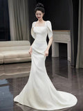 Fish-Tailed Linden Noodles Simple Korean Sen Super Fairy Engagement Dress White Square Collar Out Yarn Coated Arms HZ0517