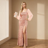 New Women's Sexy Double U-Neck Long Sleeve Shiny Evening Dress Chiffon Spliced High Open Wrinkles Long Skirt HZ0517