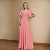 2026 New Square Neck Short Sleeves With Bare Back Pink Evening Dress A Word Lychee Splicing Chiffon Valentine's Day Party Dress HZ0517