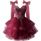 Layered Tulle Back To School Dress Sparkling Lace Decals Bow Strap Teen Short Prom Dress HZ0517