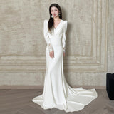 French Long-Sleeved Light Wedding Dress Bride High-End Feeld With The Faucet V. Simple Fish Tail Autumn And Winter Go Out Yarn White Dress Dress HZ0517