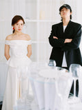One-Word Shoulder-Sand-Faced Light Wedding Dress Bride Simple Niche French-Style Shoulder Certificate Registration Small White Dress Engagement Dress HZ0517