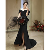 One-Word Shoulder Evening Dress Sexy Open White Art Exam Solo Performance Suit Waist Fishtail Small Tail Light Wedding Dress HZ0517