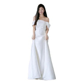One-Word Shoulder-Swear-Faced Light Wedding Dress Bride Engagement Simple Thin Welcome Siesen Family Travel Shoots Out Yarn Evening Dress Woman HZ0517