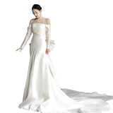 One-Word Shoulder Long-Sleeved Light Wedding Dress Yarn Main Yarn High-End Light Luxury Go Out Yarn French Big Tail Bride Wedding Dress HZ0517