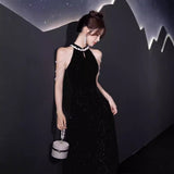 Black Evening Dress 2026 New Improved New Chinese T-Flag Hanging Neck Esque Banquet Host Dress HZ0517