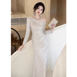 French Evening Dress Dress Women 2026 New High-End Squint Banquet Temperament Host High-End Light Luxury Niche HZ0517