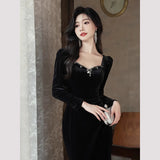 Black Velvet Evening Dress Woman 2026 New High-Level High-Level Banquet Temperament Famous Fishtail Skirt HZ0517