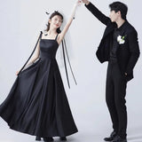 Film Studio Photo Black Sling Ribbon Dress Banquet Host Birthday Party Simple Thin Evening Dress Dress Dress HZ0517