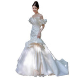 Fashioned Dingy Fishtail Light Wedding Dress 2026 New Bride Word Shoulder French Light Luxury Bra Welcome To Take A Picture HZ0517