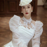 French Light Wedding Dress 2026 New Fishtail Thin Bride Welcome Yarn Temperament Long-Sleeved Evening Dress HZ0517