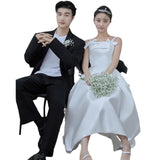 White Dingy Light Wedding Wedding Party Dress Sling Bow A Word Evening Dress Wedding Dress HZ0517