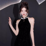 Black Evening Dress 2026 New Improved New Chinese T-Flag Hanging Neck Esque Banquet Host Dress HZ0517