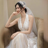 Bride Wedding Morning Robe Dinner Birthday Party Mori Super Fairy Lace Light Wedding Dress Hanging Neck Dress HZ0517