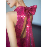 Dragon Fruit Color Bridal Toast Suit 2026 New Lychee Evening Dress Host Light Luxury Niche Hanging Neck Dress HZ0517
