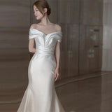 French-Style Densiness Light Wedding Dress 2026 Spring New Fishtail Go Out White Simple Sexy Shoulder Evening Dress HZ0517