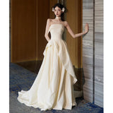 Brassing And Densate Light Wedding Dress Bride 2026 Sensine Simple Retro Dress White Engagement Welcome Yarn Dress HZ0517