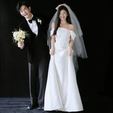 One-Word Shoulder-Swear-Faced Light Wedding Dress Bride Engagement Simple Thin Welcome Siesen Family Travel Shoots Out Yarn Evening Dress Woman HZ0517