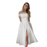 One-Word Shoulder Evening Dress White Certificate Registration Light Wedding Birthday Party Fashion Open Skirt HZ0517