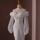 One-Word Shoulder Long-Sleeved Light Wedding Dress 2026 New Simple Denigami With Thick Arm Repair Fishtail Bridal Dress Dress Girl HZ0517