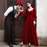 Toasting Bridal 2026 New Wine Red Long-Sleeved Velvet Engagement Back Door Toasting Banquet Dress HZ0517